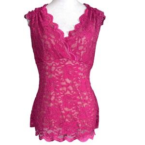 Y2K Hot Pink Lace Babydoll Cap Sleeve Cami Top XL VTG Coquette 90s Cocktail Glam